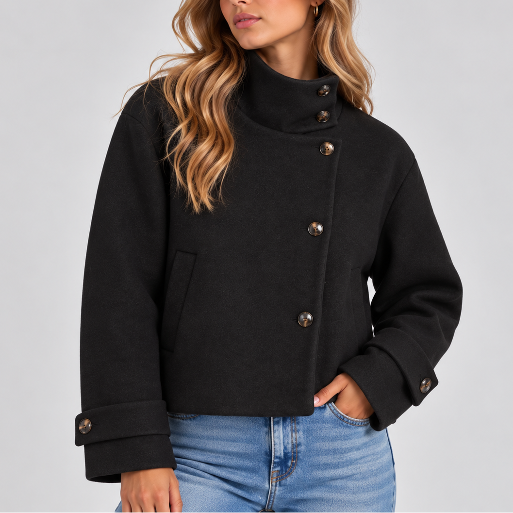 Women's Cropped Jacket – High Neck, Button Front – Casual, Stylish