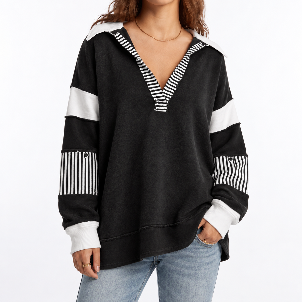 Women's Oversized V-Neck Jumper with Striped Sleeves – Casual Wear, Everyday Comfort