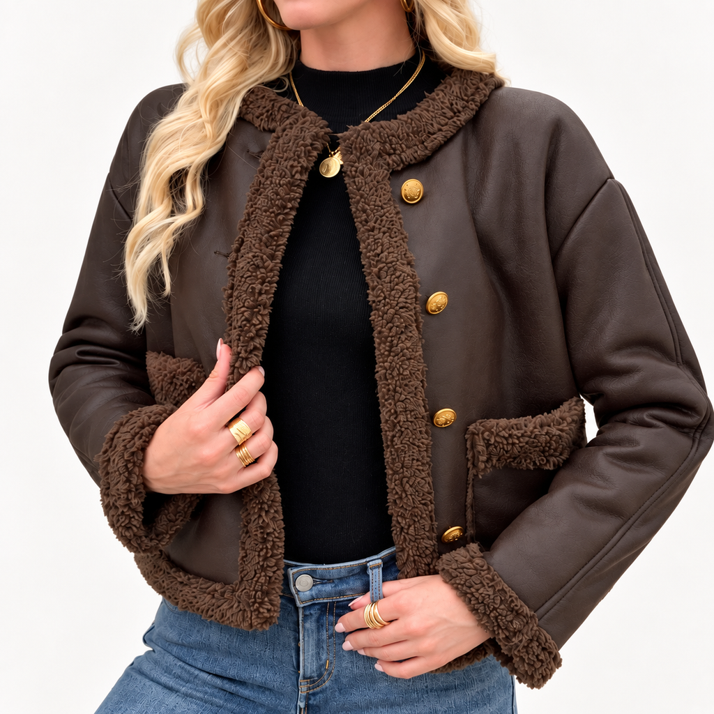 Brown Faux Leather Cropped Jacket with Shearling Trim – Winter Fashion, Casual Wear