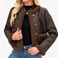 Brown Faux Leather Cropped Jacket with Shearling Trim – Winter Fashion, Casual Wear