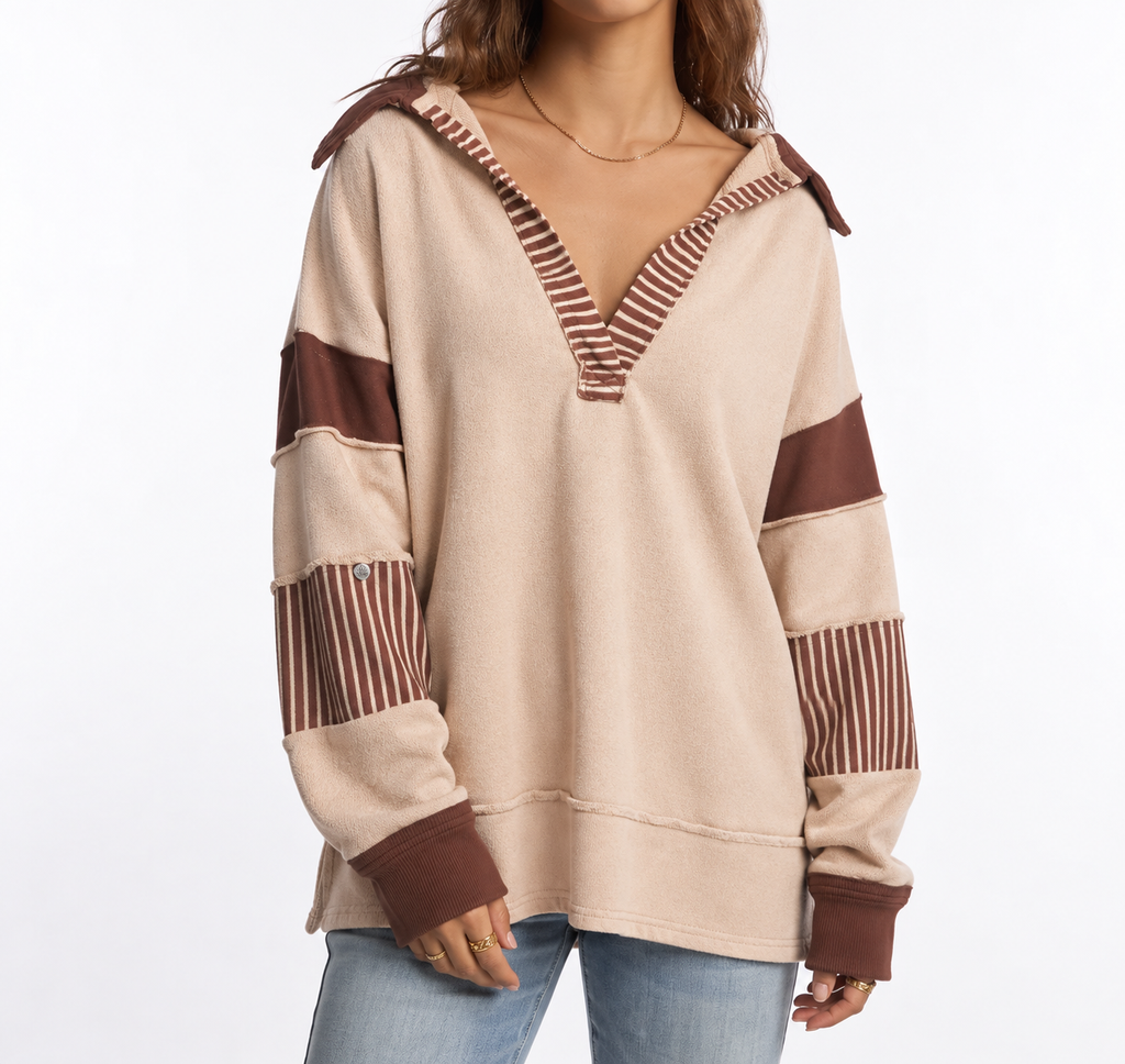 Women's Oversized V-Neck Jumper with Striped Sleeves – Casual Wear, Everyday Comfort