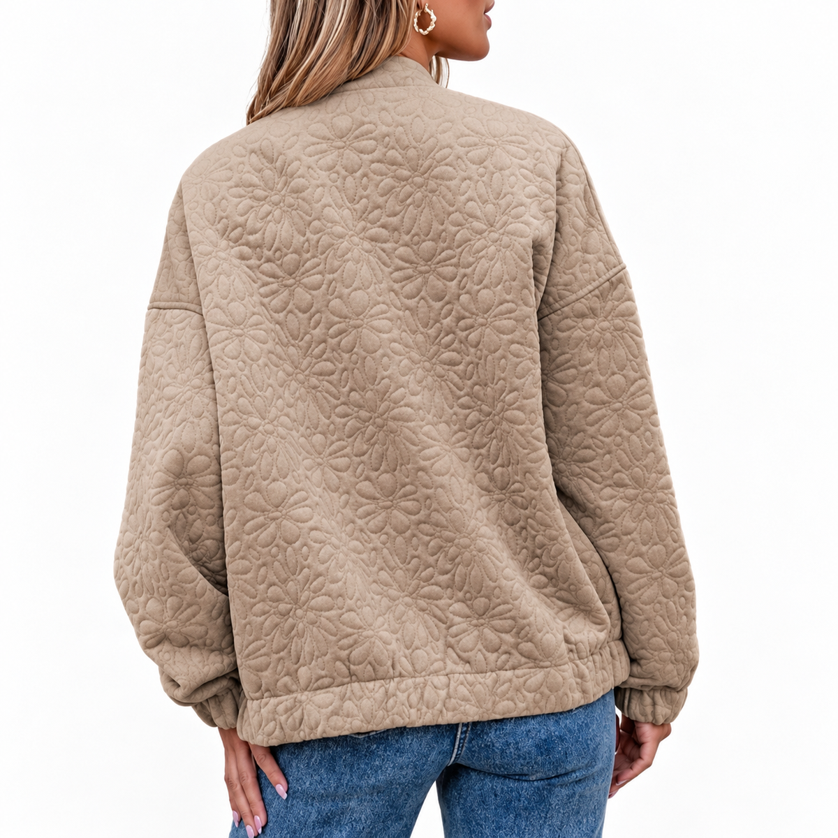 Women's Quilted Jacket in Beige | Zip-Up, Long Sleeve with Pockets – Casual Wear, Everyday Comfort