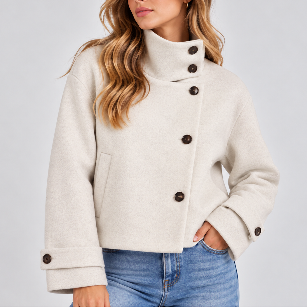 Women's Cropped Jacket – High Neck, Button Front – Casual, Stylish
