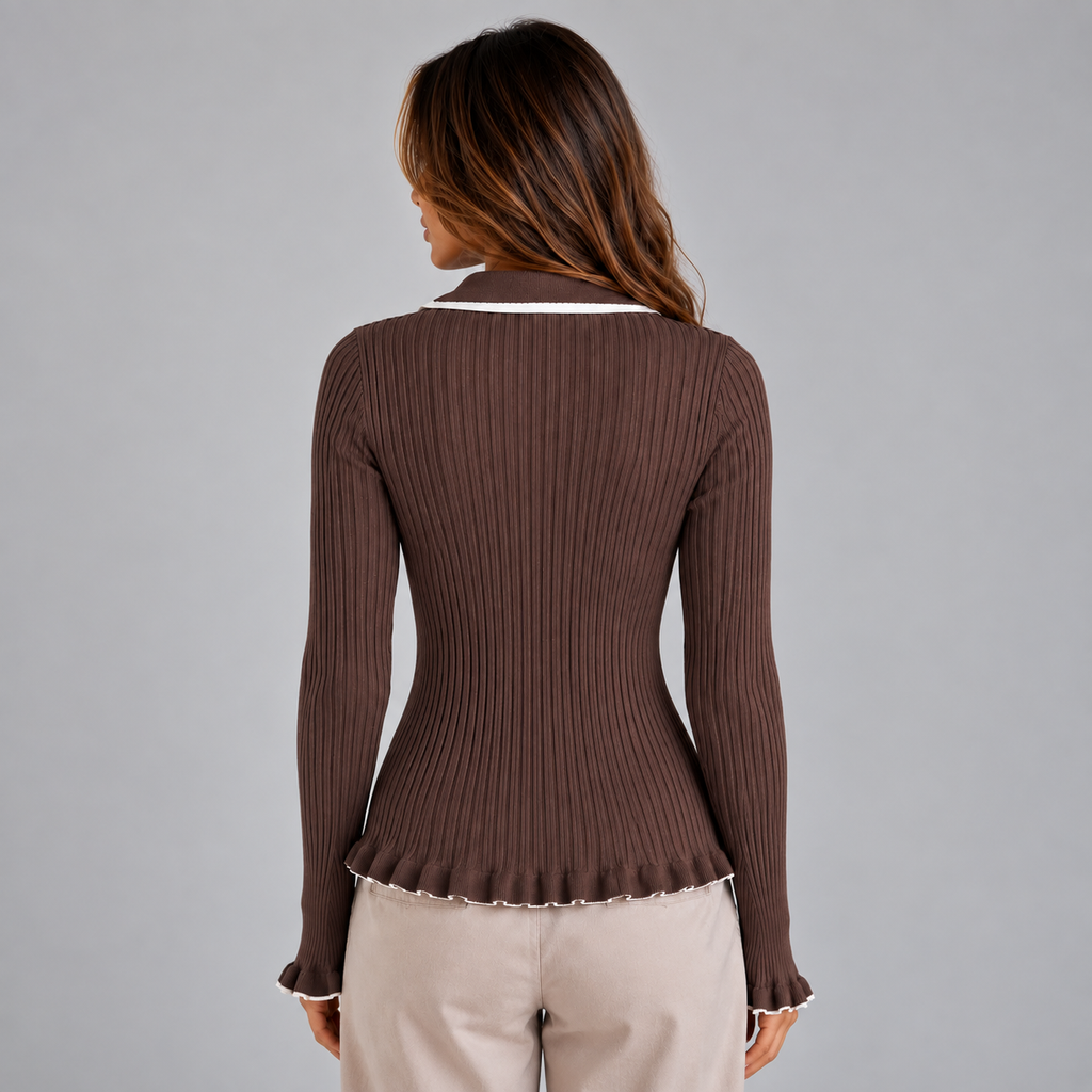 Women's Ribbed Knit Long Sleeve Top with Contrast Collar & Gold Buttons – Casual Wear, Office Style