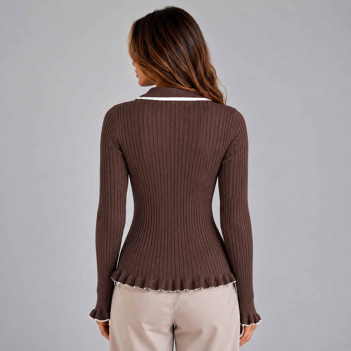 Women's Ribbed Knit Long Sleeve Top with Contrast Collar & Gold Buttons – Casual Wear, Office Style
