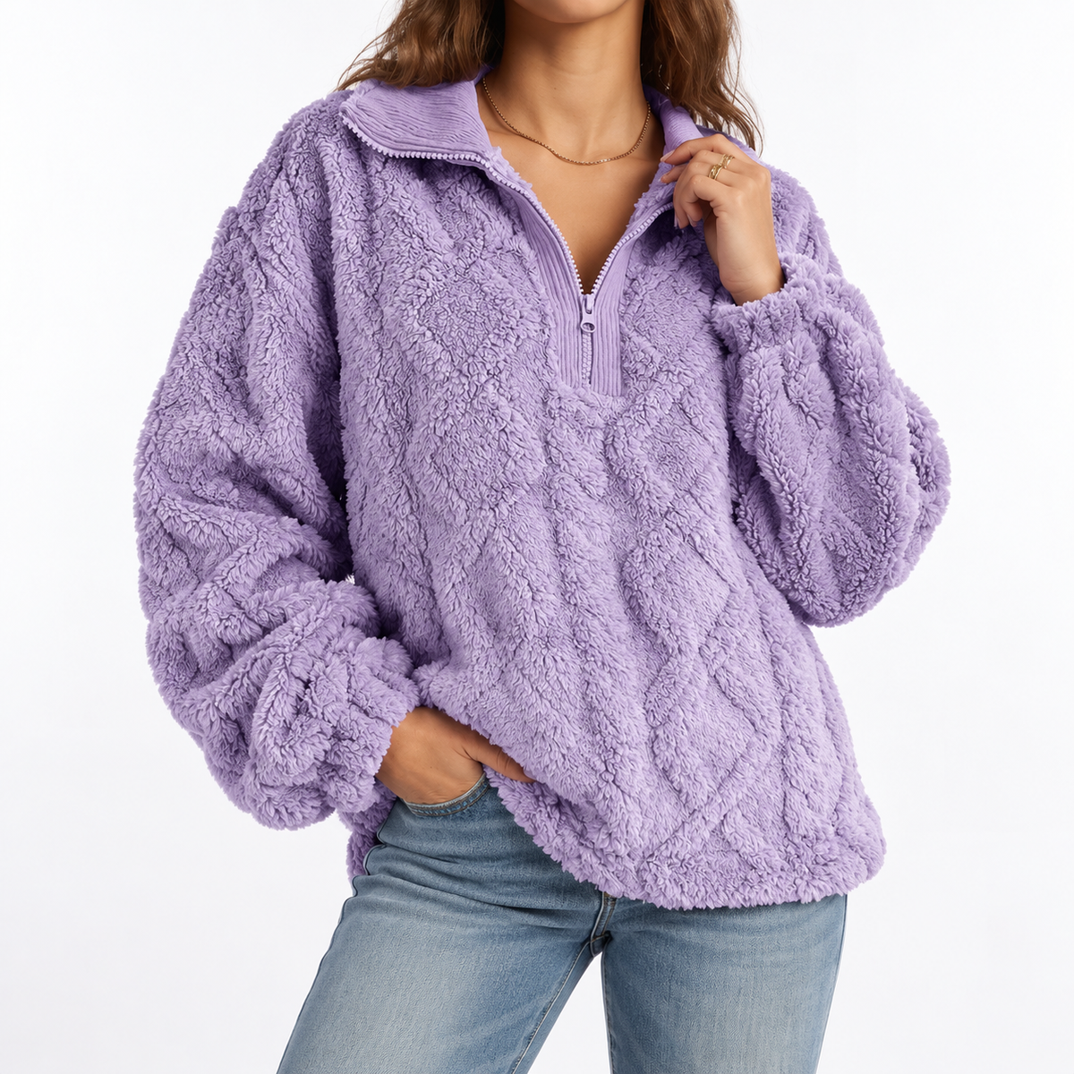 Women's Textured Fleece Jumper – Quarter Zip, Relaxed Fit – Casual, Everyday Wear