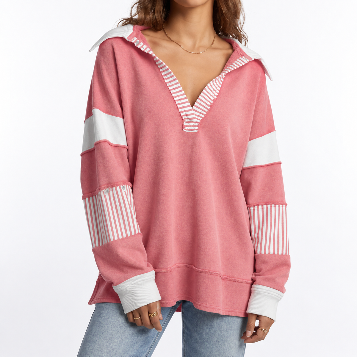 Women's Oversized V-Neck Jumper with Striped Sleeves – Casual Wear, Everyday Comfort