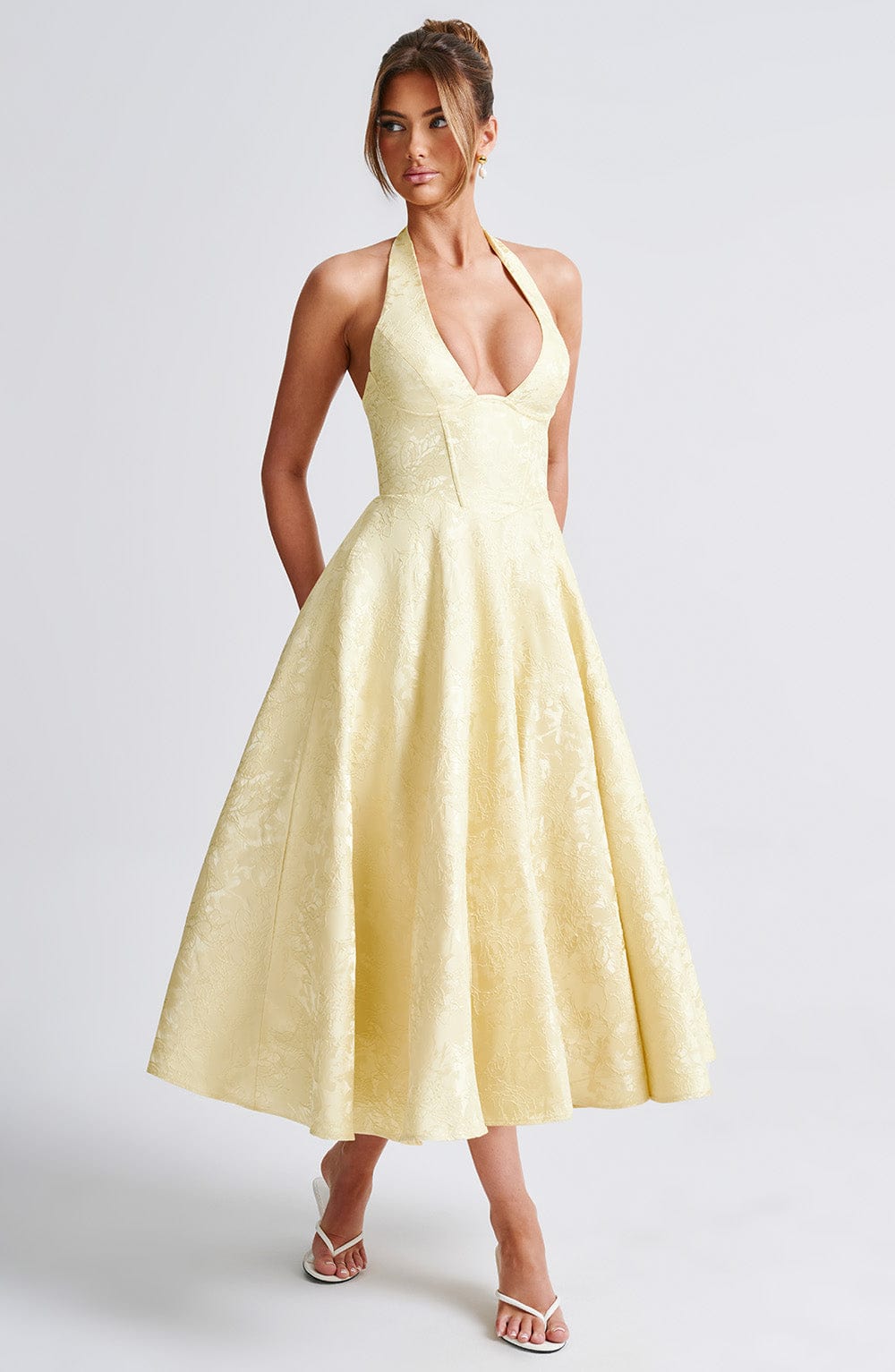 Floral Jacquard Halter Midi Dress Women UK – Wedding Guest, Formal Occasion