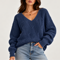 Women’s Oversized Cable Knit V-Neck Jumper – Casual Wear, Layering