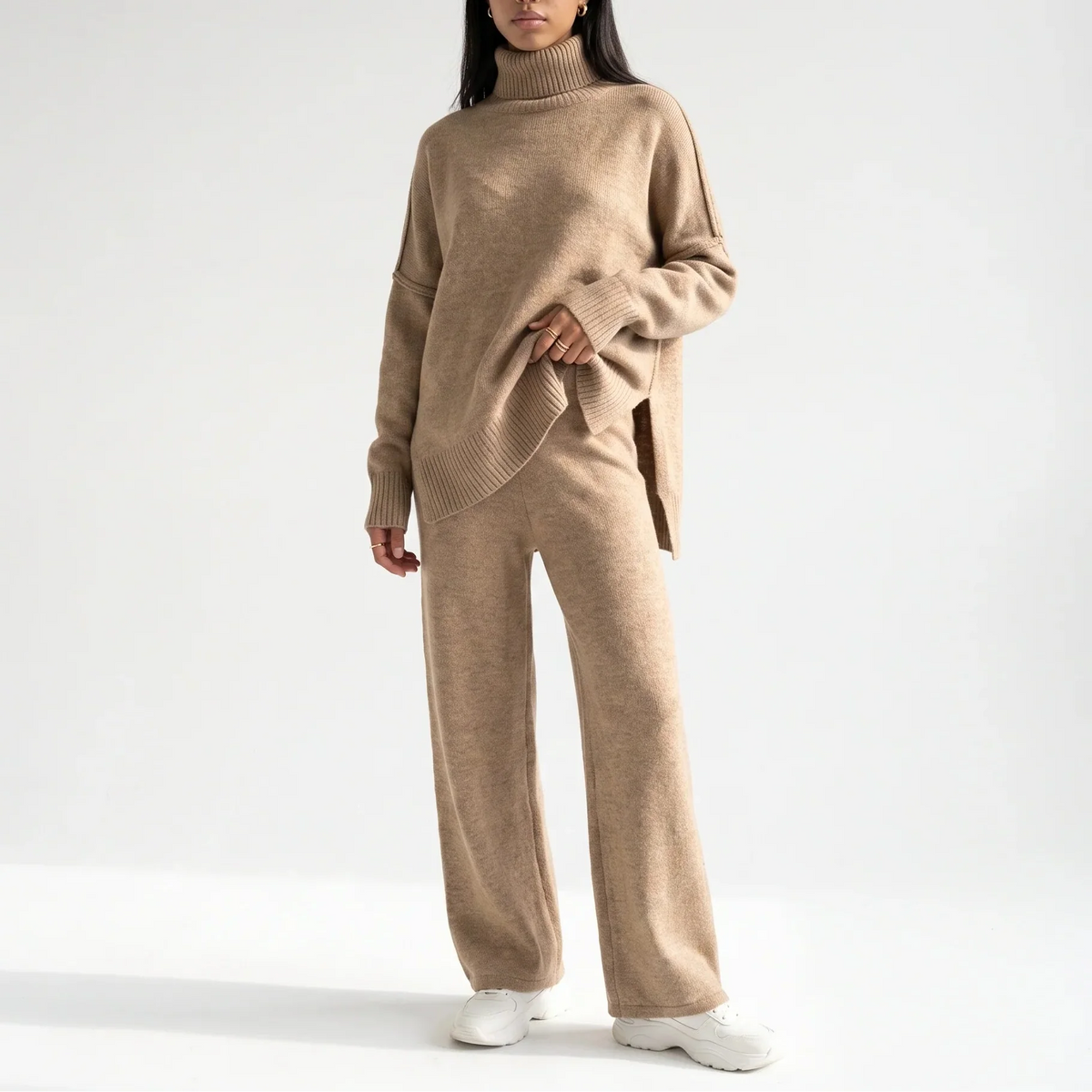 Women's Knitted Lounge Set – Turtleneck Jumper & Wide-Leg Trousers – Relaxing at Home, Casual Outfits