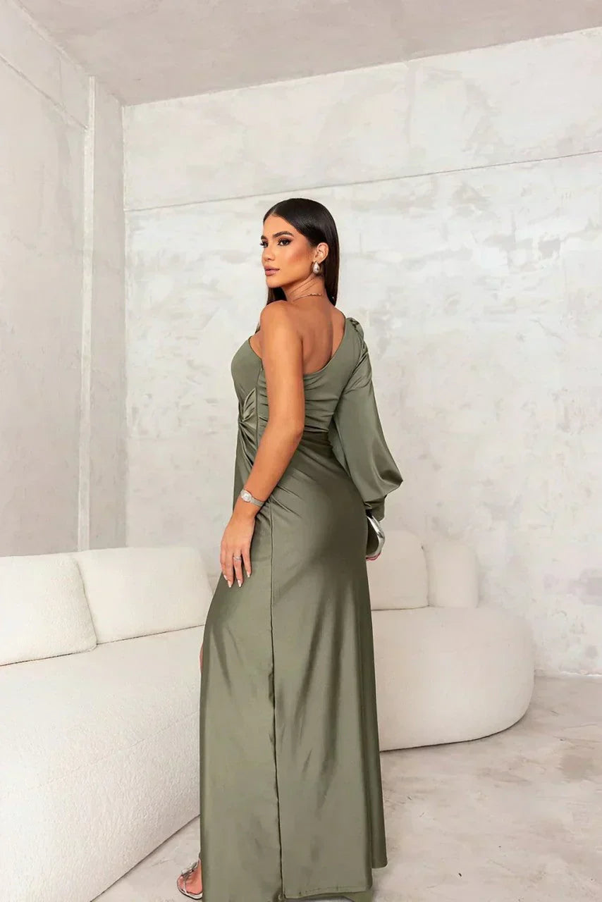One-Shoulder Maxi Dress – Long Sleeve, Occasion Gown for Weddings & Events