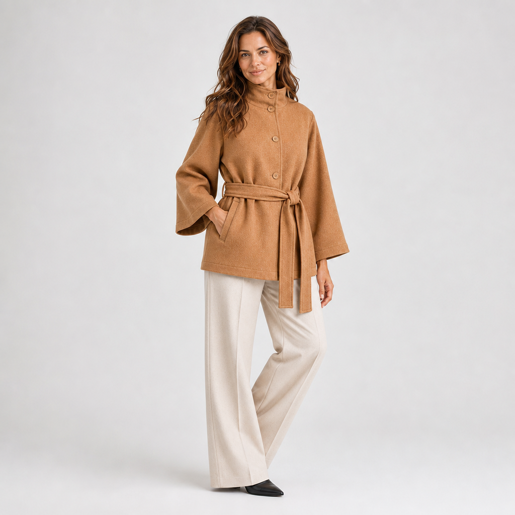 Belted Cape Jacket for Women with Stand Collar – Casual, Office Wear