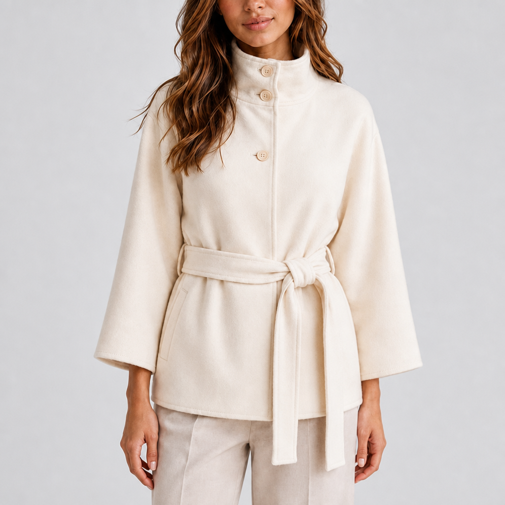 Belted Cape Jacket for Women with Stand Collar – Casual, Office Wear