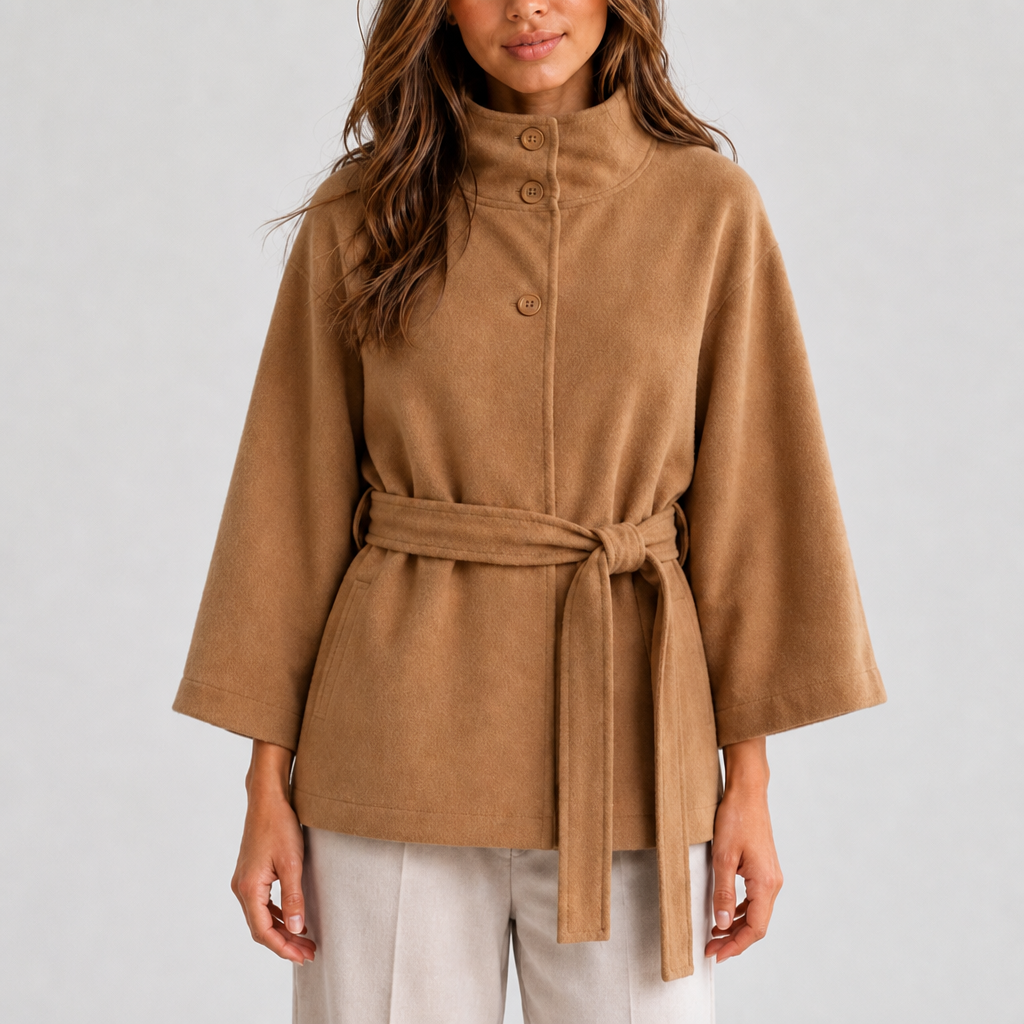 Belted Cape Jacket for Women with Stand Collar – Casual, Office Wear