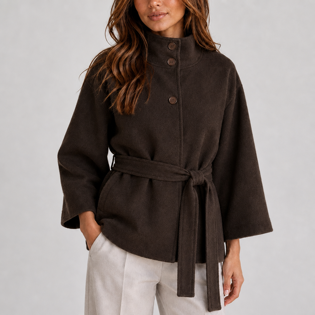 Belted Cape Jacket for Women with Stand Collar – Casual, Office Wear