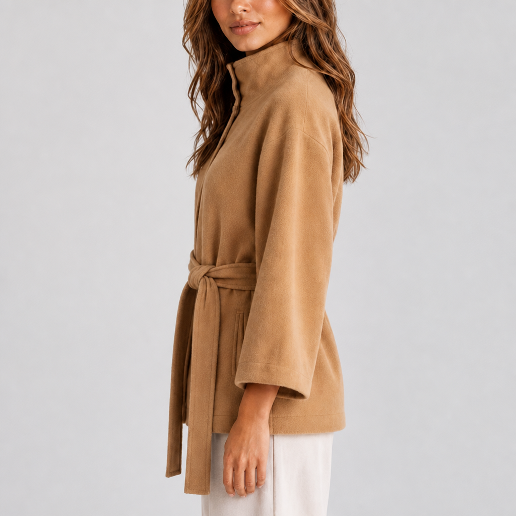 Belted Cape Jacket for Women with Stand Collar – Casual, Office Wear