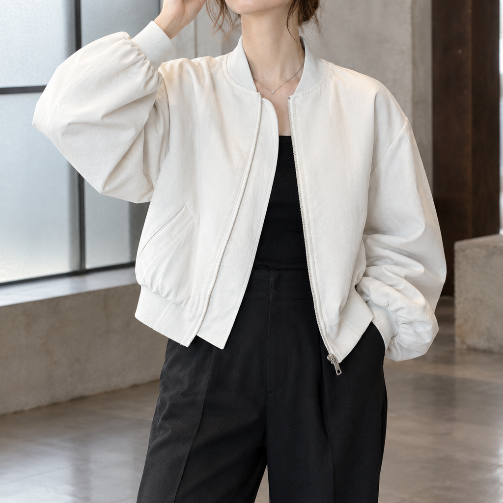 Women's Cropped Bomber Jacket with Ribbed Collar – Casual Look, Everyday Wear