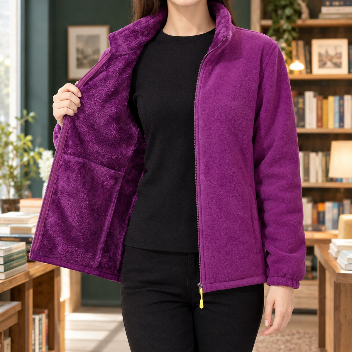Women's Zip-Up Fleece Jacket with Plush Lining and Stand Collar – Casual Wear, Outdoor Adventures