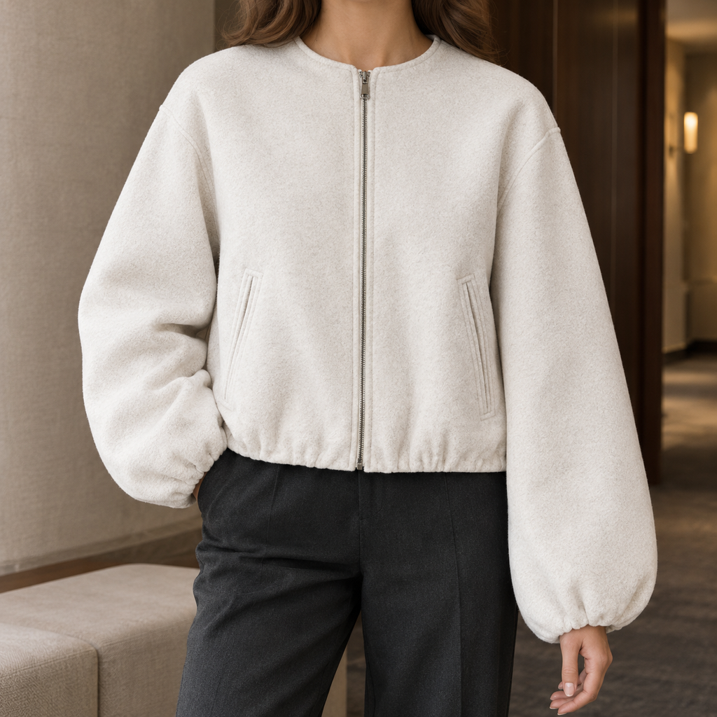 Women's Cropped Balloon-Sleeve Zip-Up Jacket – Casual, Everyday Wear