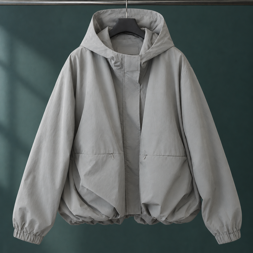 Women's Oversized Hooded Zip-Up Jacket with Gathered Hem – Casual Wear, Layering
