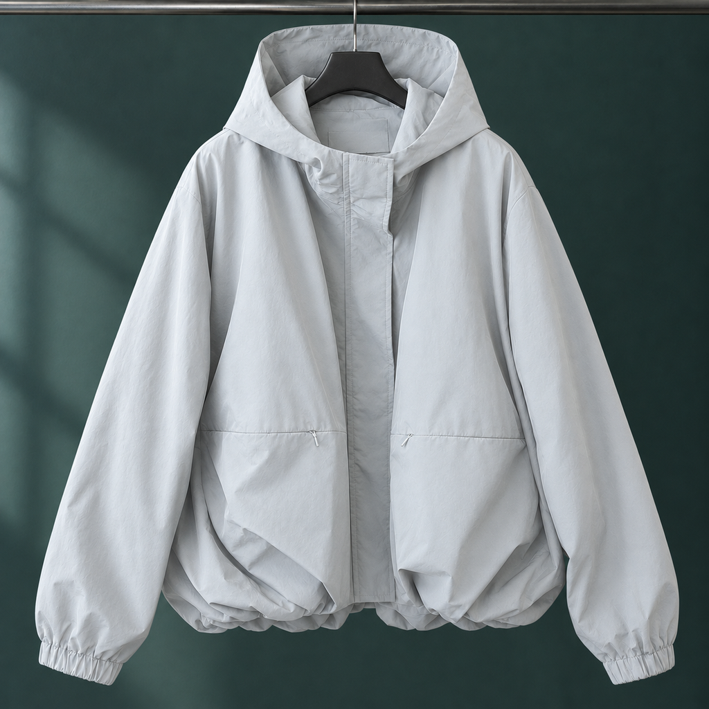 Women's Oversized Hooded Zip-Up Jacket with Gathered Hem – Casual Wear, Layering
