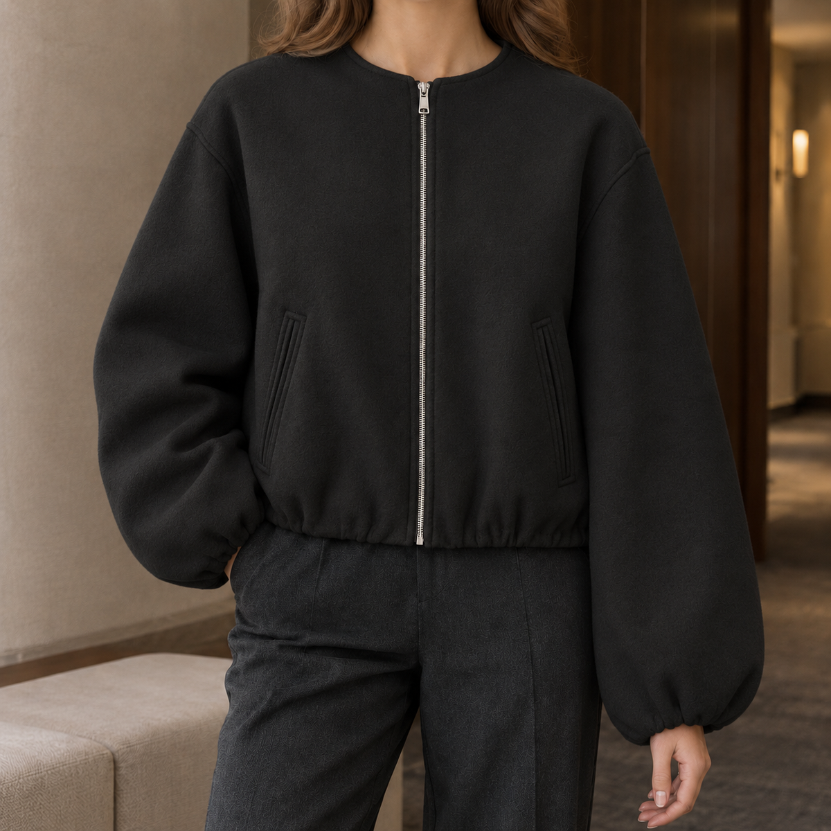 Women's Cropped Balloon-Sleeve Zip-Up Jacket – Casual, Everyday Wear