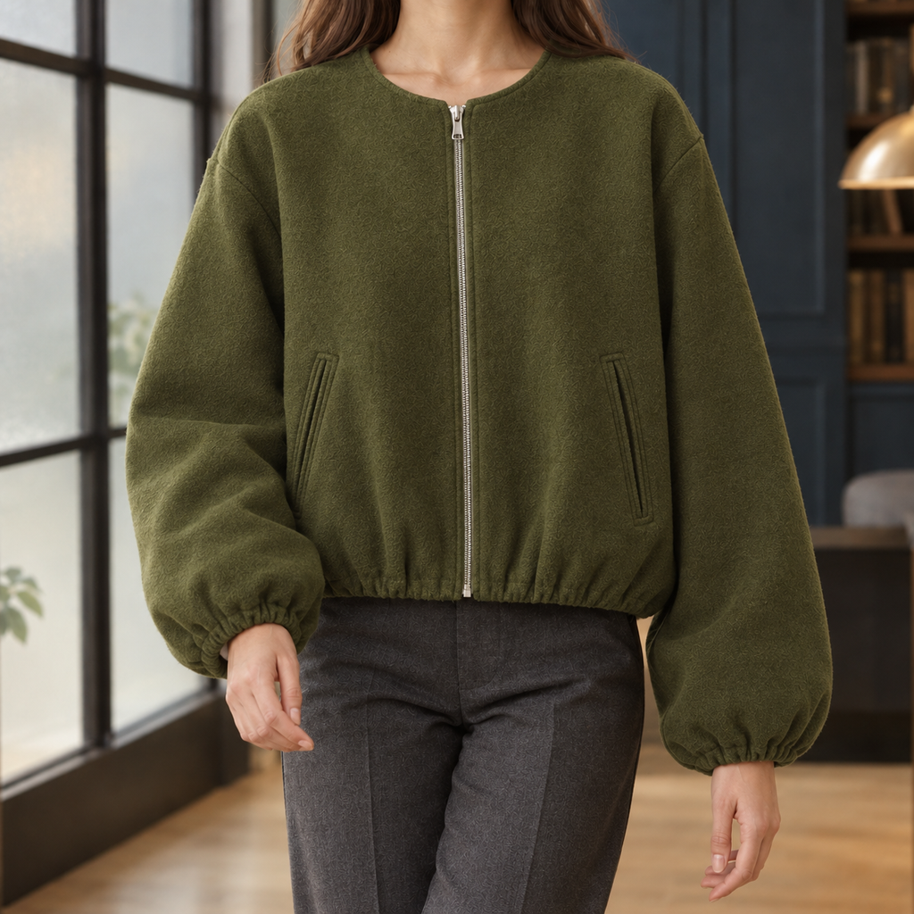 Women's Cropped Zip-Front Jacket with Balloon Sleeves – Casual Wear, Everyday Style