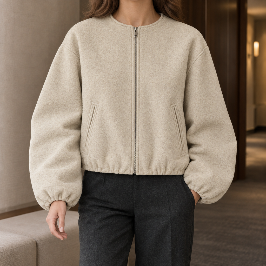 Women's Cropped Balloon-Sleeve Zip-Up Jacket – Casual, Everyday Wear