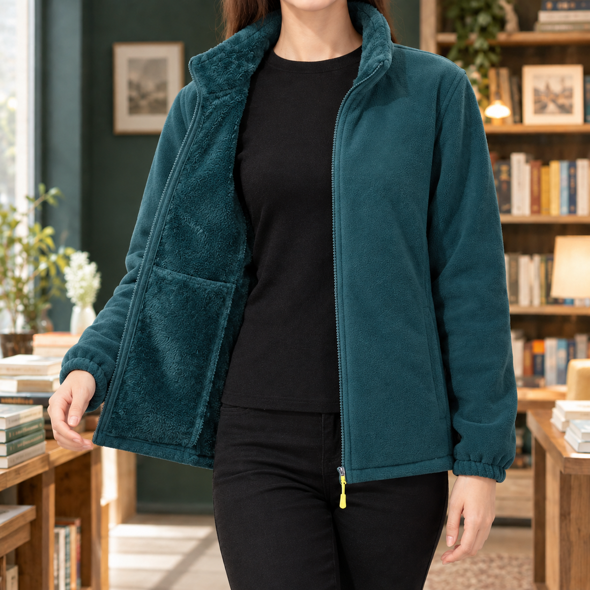 Women's Zip-Up Fleece Jacket with Plush Lining and Stand Collar – Casual Wear, Outdoor Adventures
