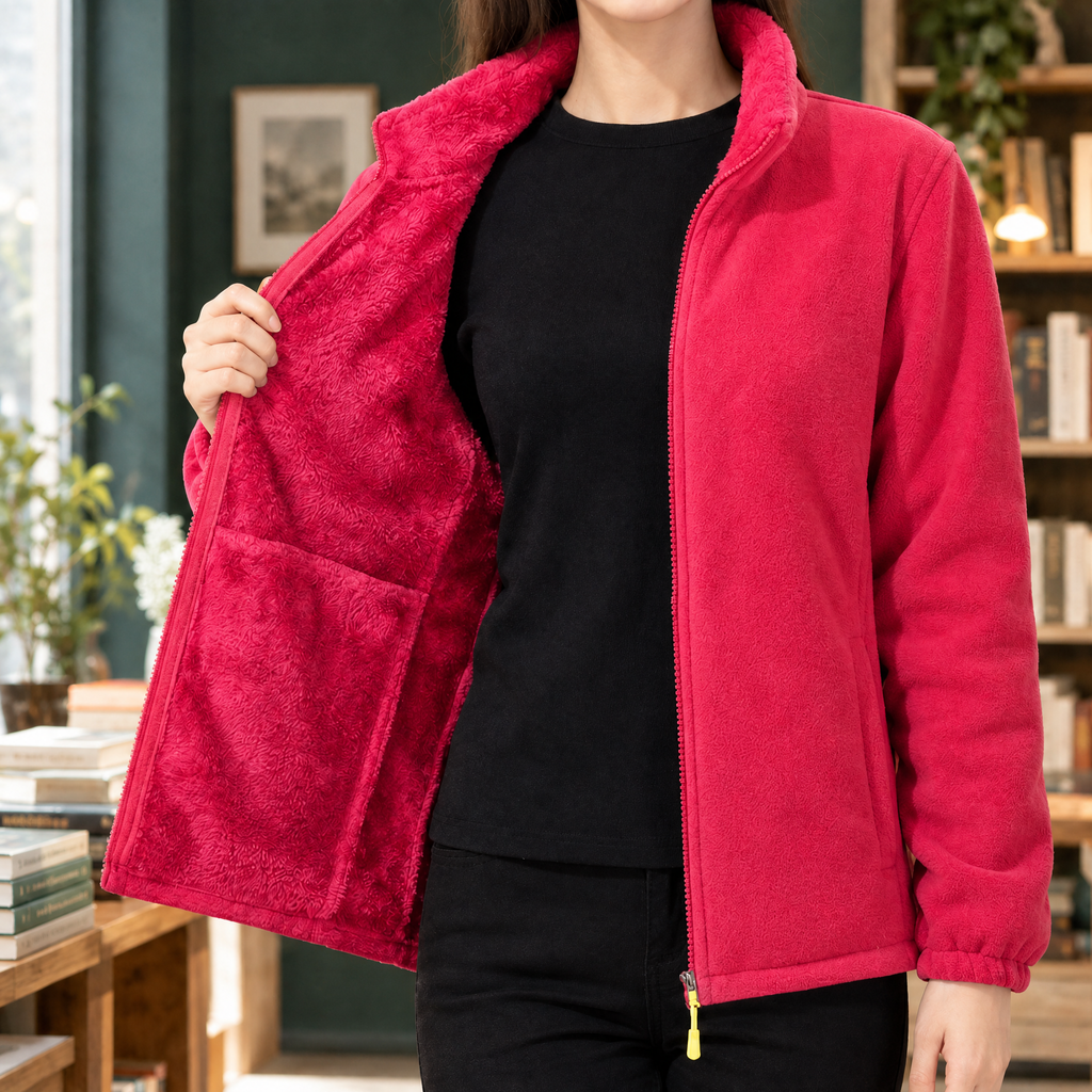 Women's Zip-Up Fleece Jacket with Plush Lining and Stand Collar – Casual Wear, Outdoor Adventures