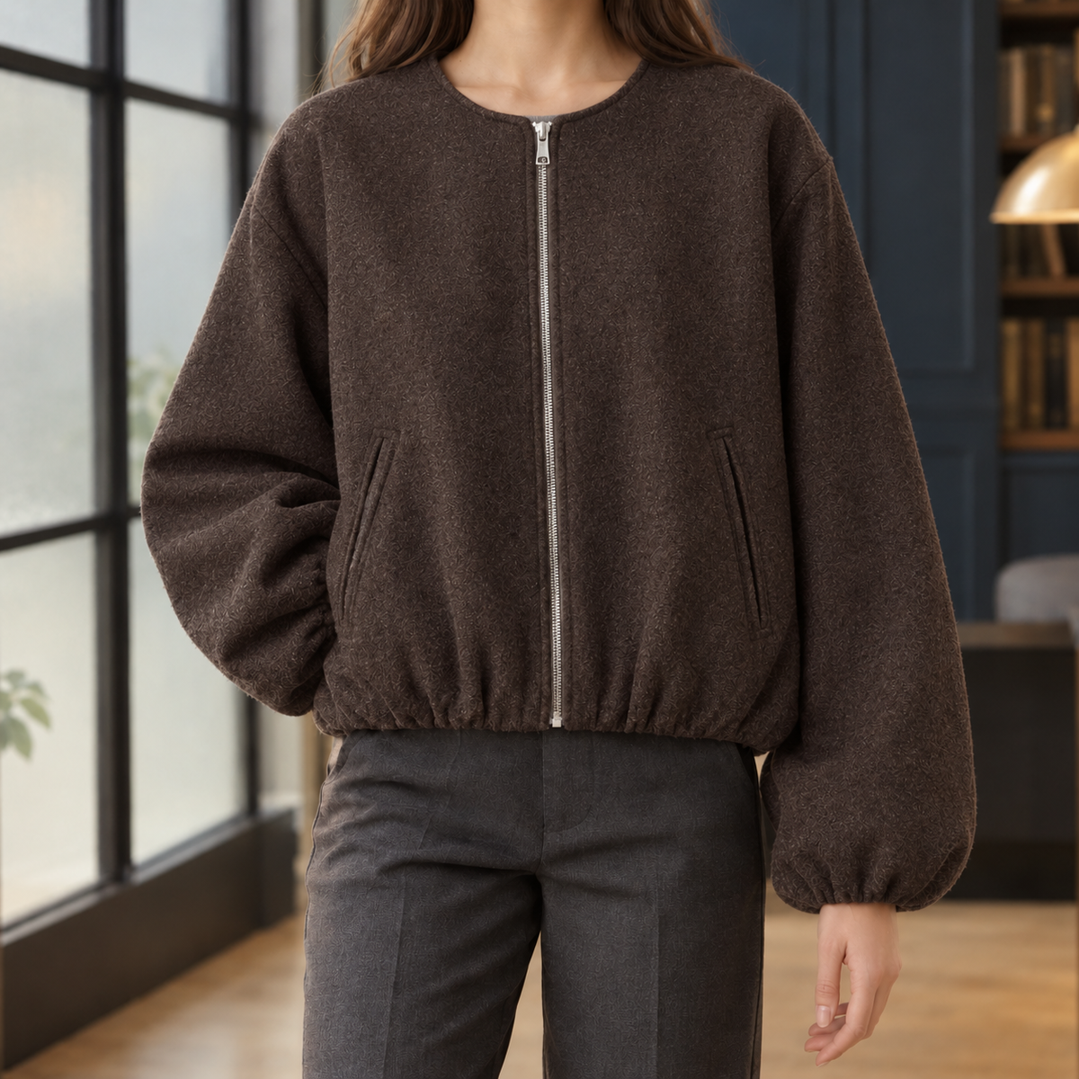 Women's Cropped Zip-Front Jacket with Balloon Sleeves – Casual Wear, Everyday Style