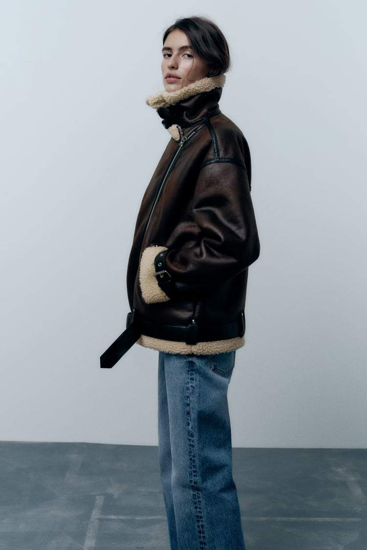 Women's Faux Shearling Aviator Jacket with Oversized Collar – Stylish Outerwear, Warm Layering