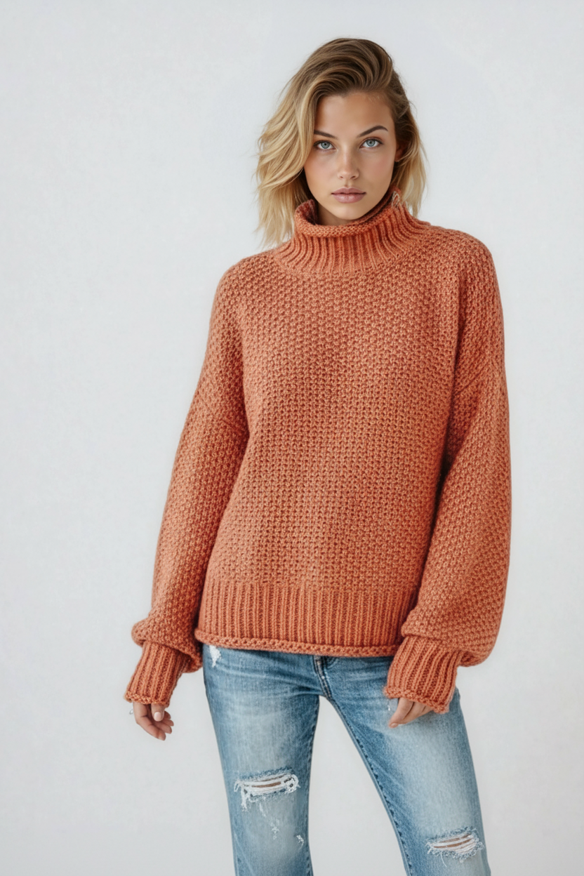 Turtleneck Knit Jumper in Orange & Cream – Casual Wear, Everyday Comfort