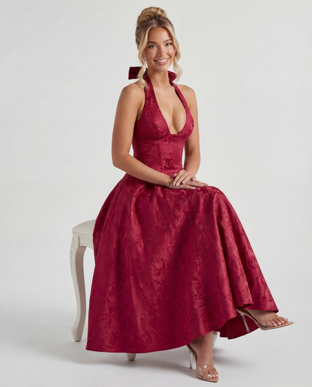 Jacquard Halter Midi Dress – Occasion Gown for Weddings & Events