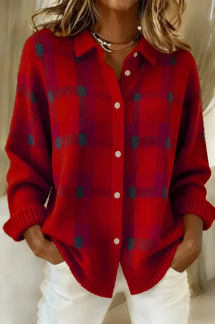Plaid Long Cardigan in Blue and Red – Casual, Stylish Layering