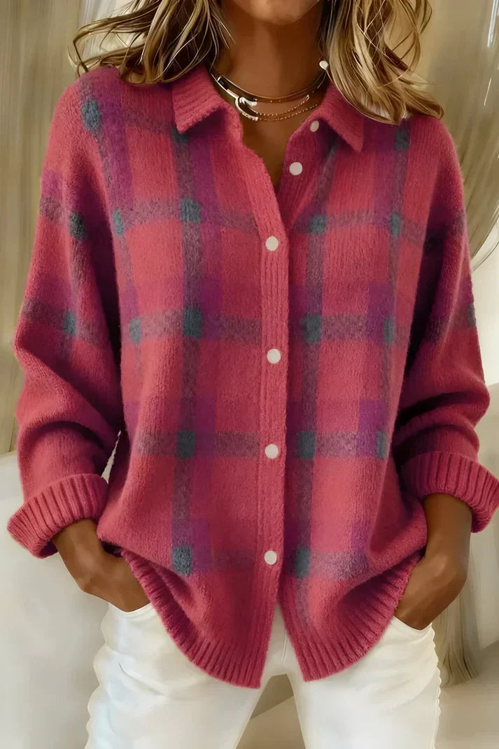 Plaid Long Cardigan in Blue and Red – Casual, Stylish Layering