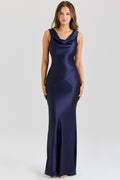 Deep Sapphire Satin Cowl Neck Maxi Dress Women UK – Evening Gown, Formal Occasion