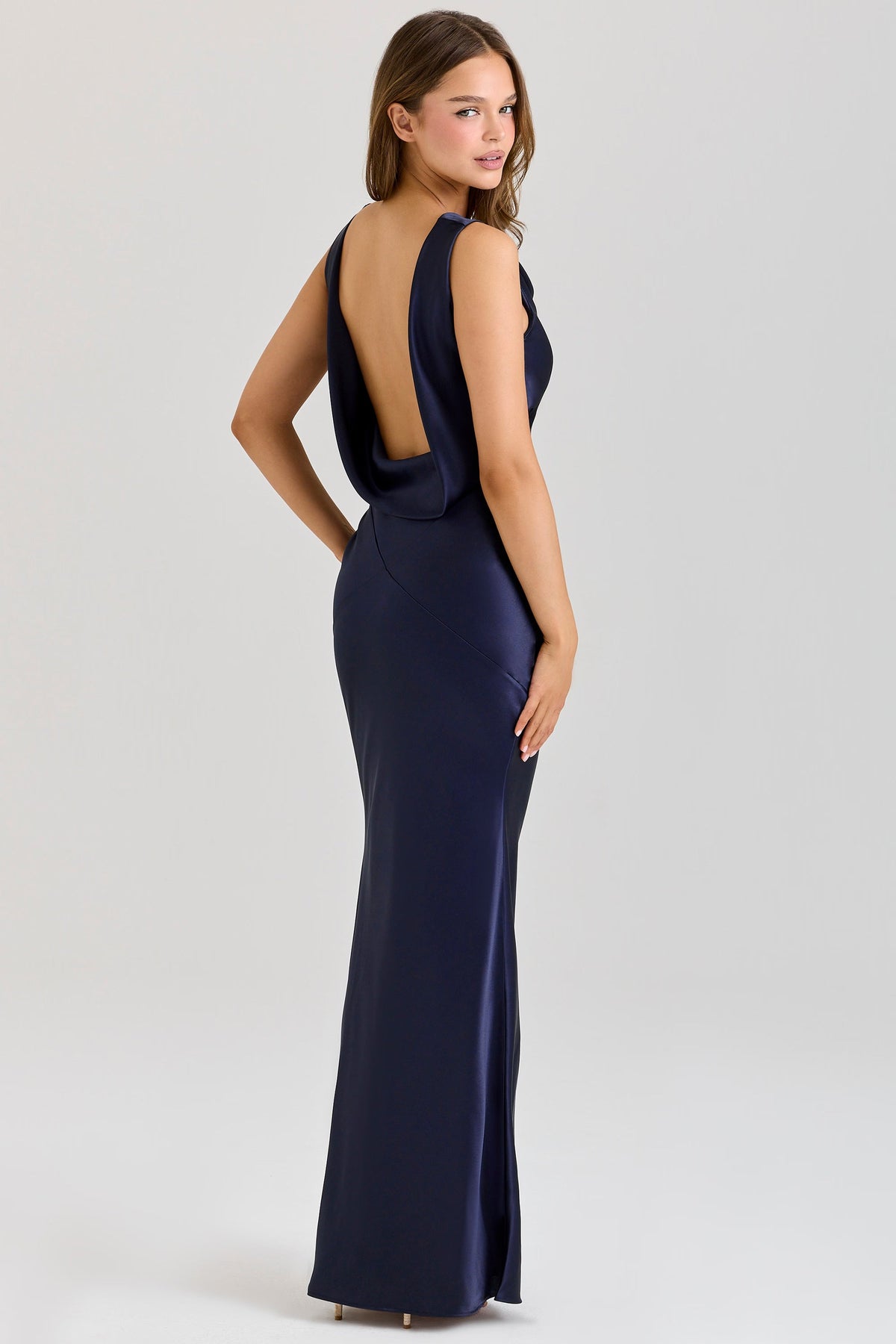 Deep Sapphire Satin Cowl Neck Maxi Dress Women UK – Evening Gown, Formal Occasion