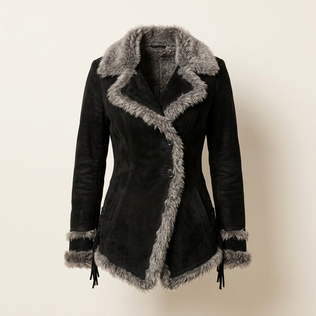 Shearling-trimmed suede jacket in black, front view
