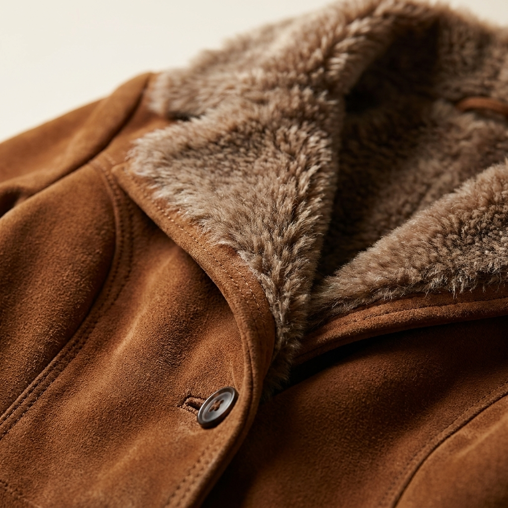 Close-up of the shearling collar and suede texture