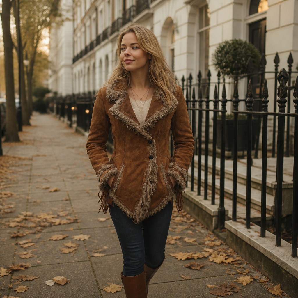 Woman wearing the shearling-trimmed suede jacket on a London street in autumn