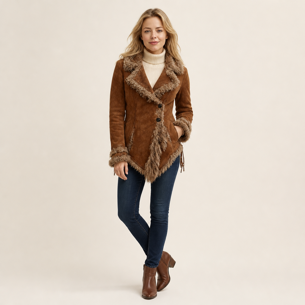 Model wearing the saddle brown shearling-trimmed suede jacket