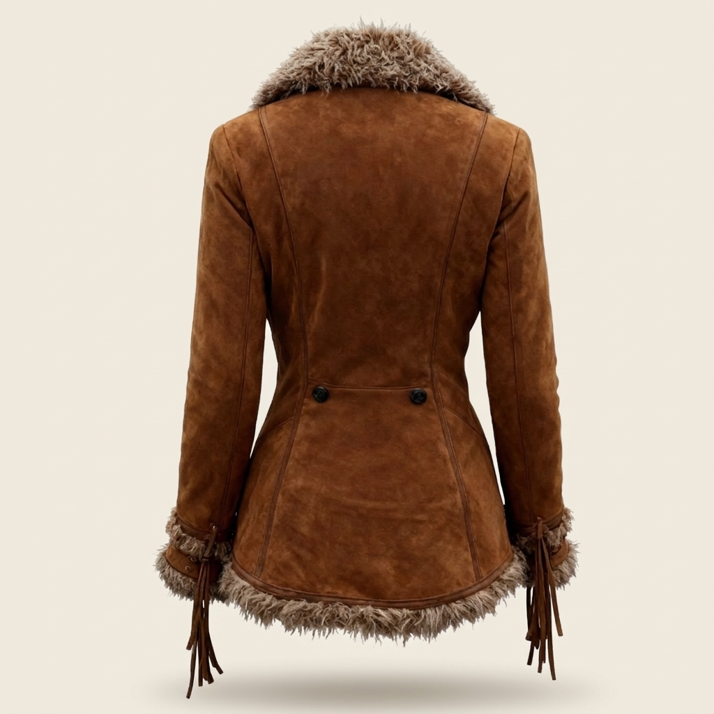 Shearling-trimmed suede jacket in saddle brown, back view