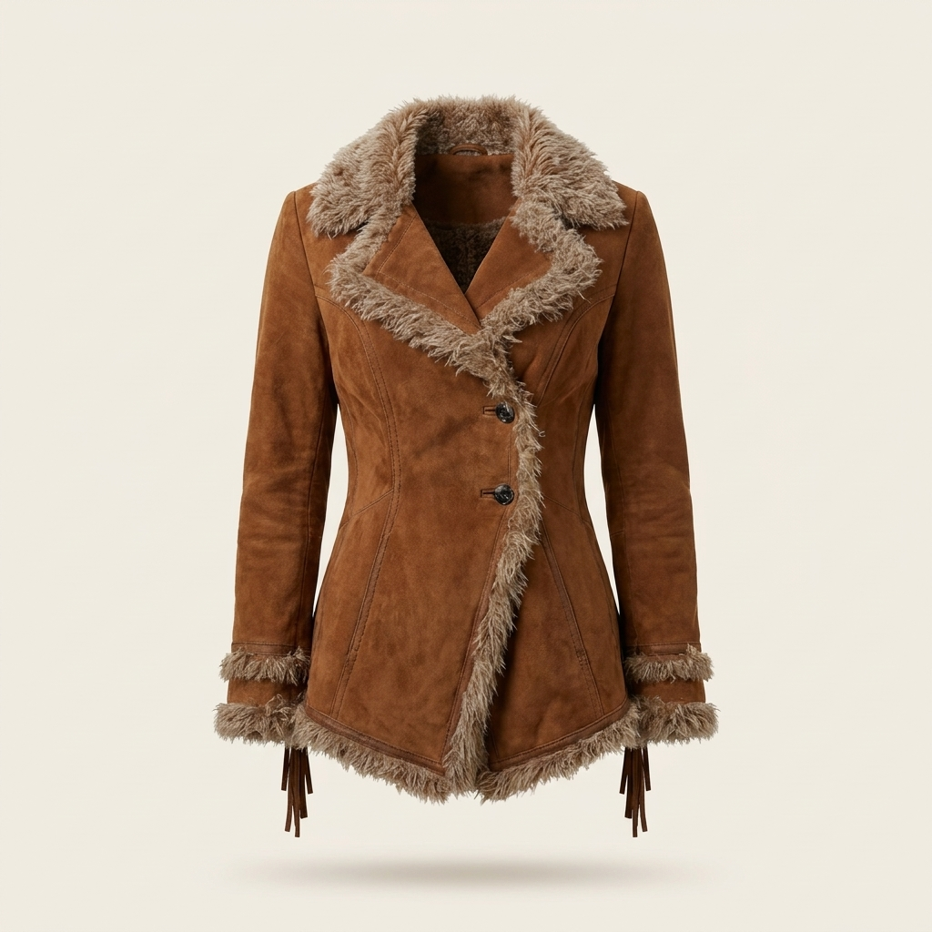 Shearling-trimmed suede jacket in saddle brown, front view