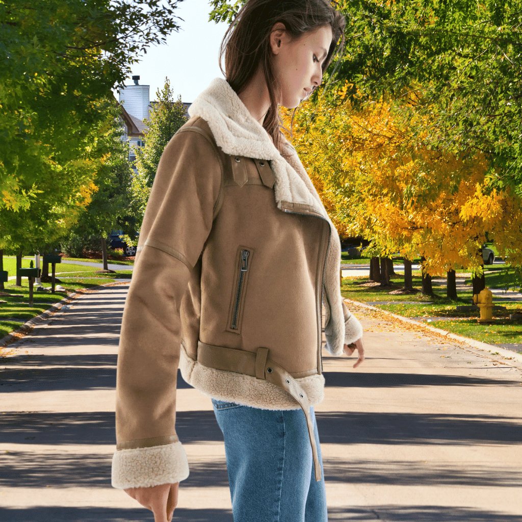 Warm Shearling Aviator Jacket – Stylish Faux Fur Lining, Casual Wear, Winter Outerwear