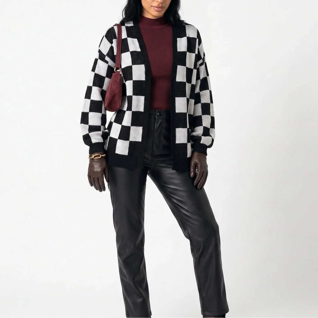 Checkerboard Knit Cardigan Jumper – Relaxed Fit, Casual Style – Everyday Wear, Layering