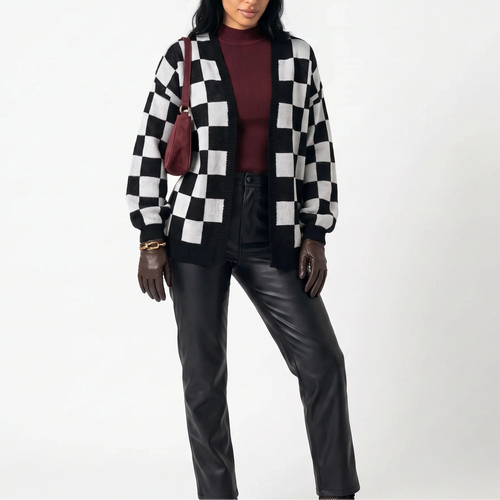 Checkerboard Knit Cardigan Jumper – Relaxed Fit, Casual Style – Everyday Wear, Layering