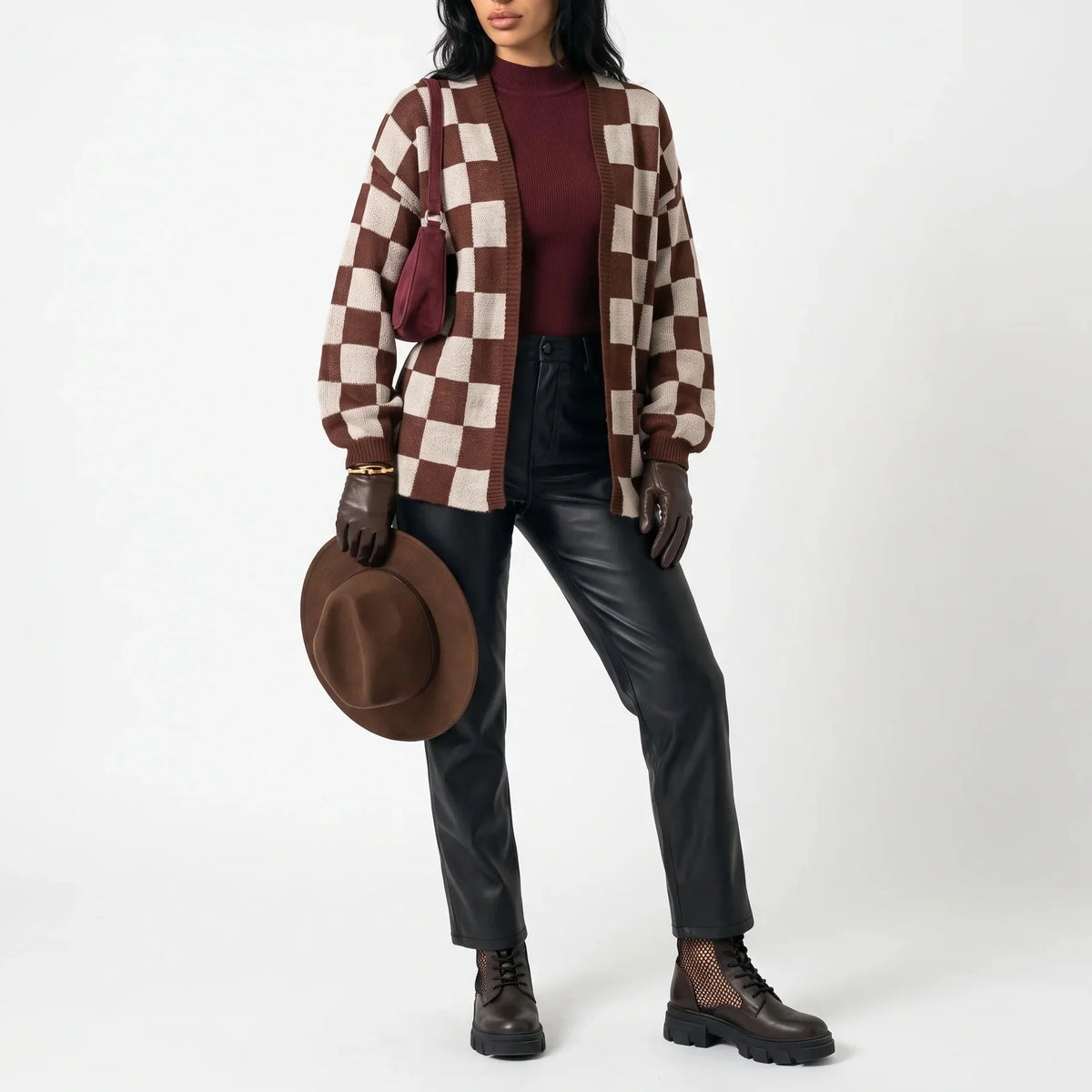 Checkerboard Knit Cardigan Jumper – Relaxed Fit, Casual Style – Everyday Wear, Layering