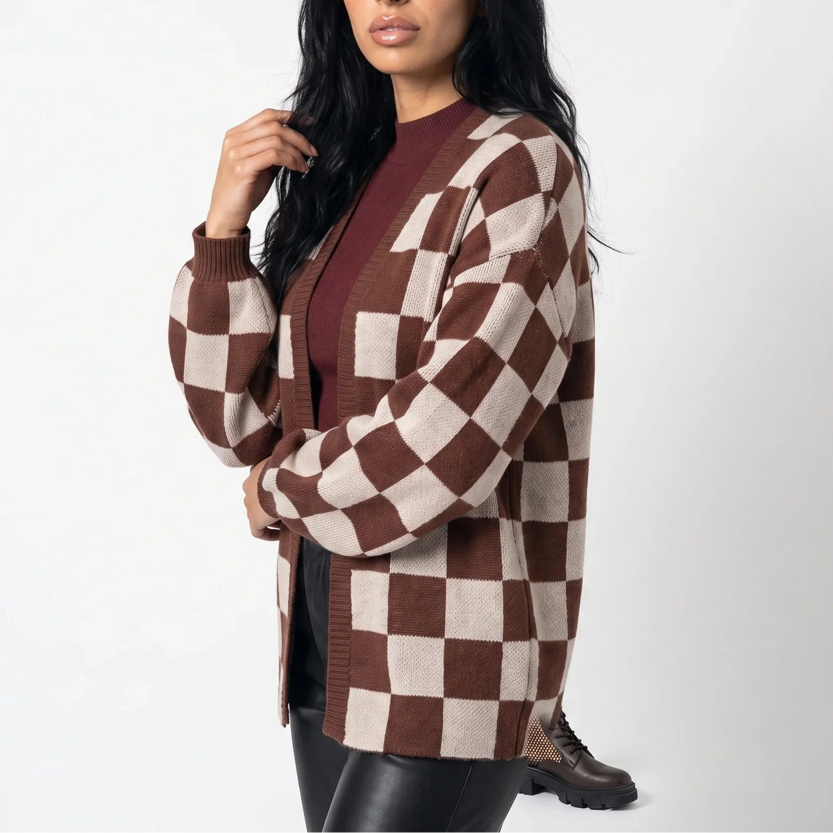 Checkerboard Knit Cardigan Jumper – Relaxed Fit, Casual Style – Everyday Wear, Layering