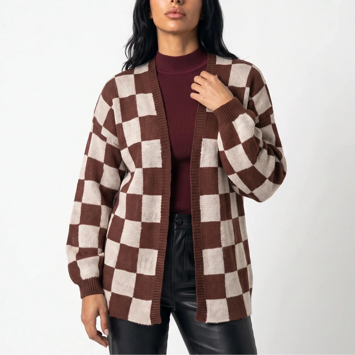 Checkerboard Knit Cardigan Jumper – Relaxed Fit, Casual Style – Everyday Wear, Layering